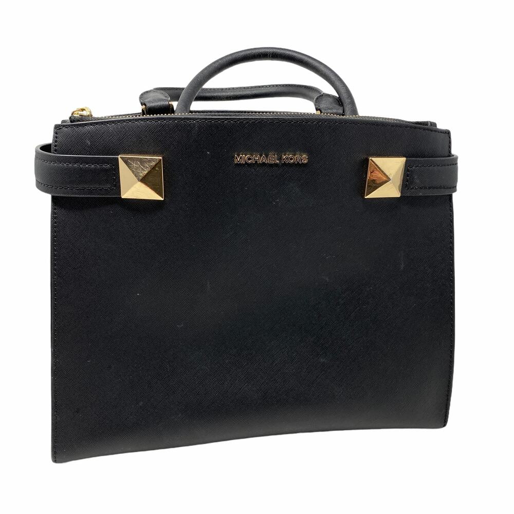 Michael Kors Med Karla Satchel East West Bag Black Saffiano Leather Gold Tone